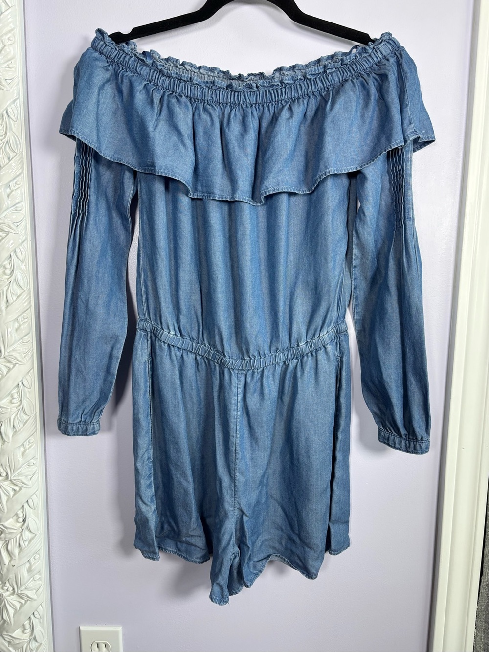 Michael Kors Light Blue Off-Shoulder Denim Chic Romper with Ruffle Small